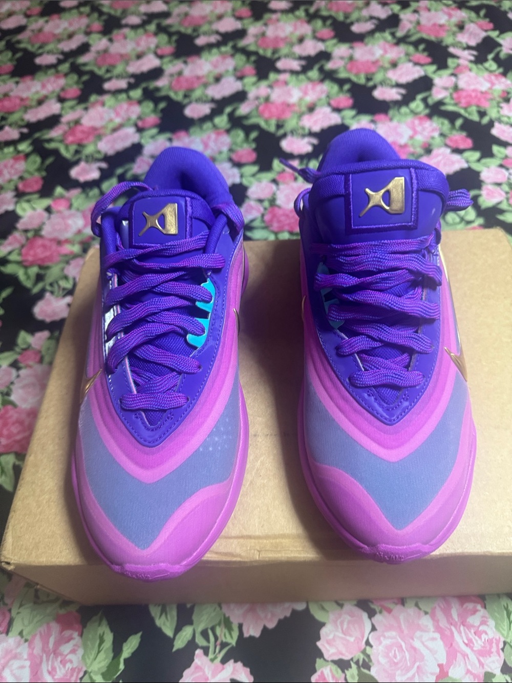 NEW Nike Women's Purple and Pink Athletic Sneakers with Gold Accents - Picture 2 of 12